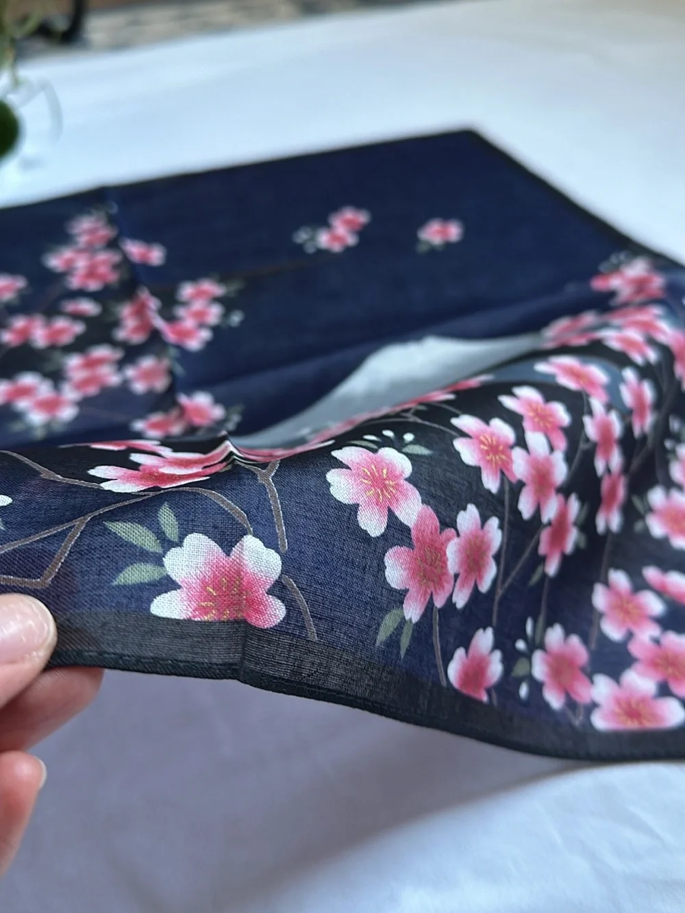 Floral Cherry Blossom Mountain Square Scarf - Navy & Pink